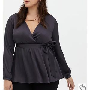 Torrid DARK SLATE GREY CRINKLE GAUZE BABYDOLL WRAP BLOUSE